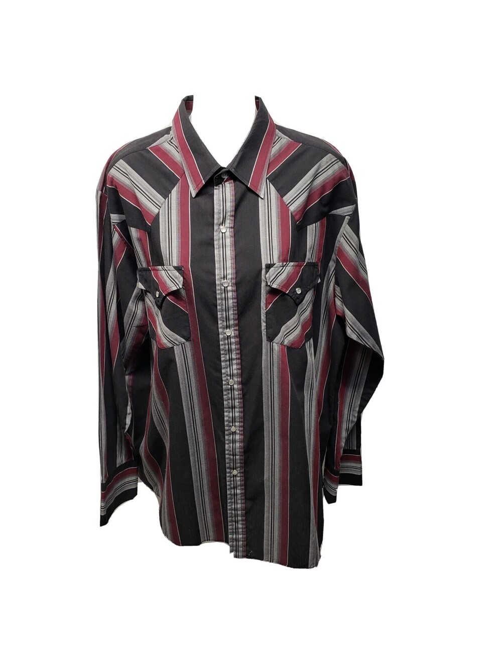 Plains Mens Western Shirt Large Cowboy Pearl Snap Long Sleeve Black Gray Stripe